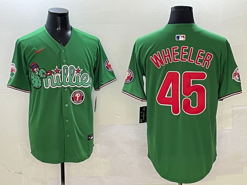 Men Philadelphia Phillies 45 Wheeler Green Three generations Joint Name Game 2025 Nike MLB Jersey style 6